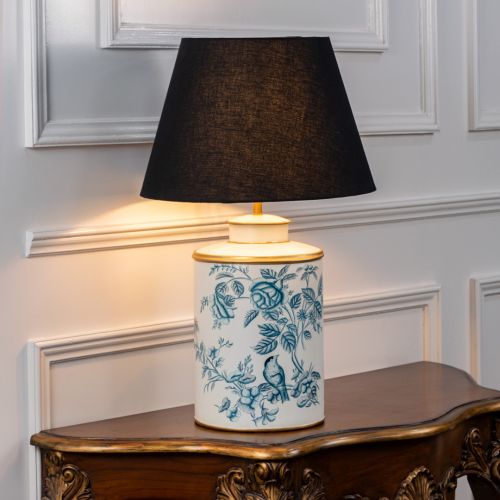 Indigo Chintz Metal Table Lamp with Black Linen Lamp shade Light On White Background