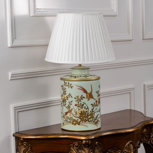 Gilded Phoenix Green Metal Table Lamp with White Pleated Lamp shade Light Off White Background