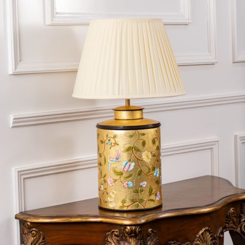 Oriental Orchard Gold Metal Table Lamp with Off White Pleated Lamp shade Light Off White Background