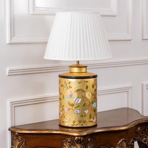 Oriental Orchard Gold Metal Table Lamp with White Pleated Lamp shade Light Off White Background