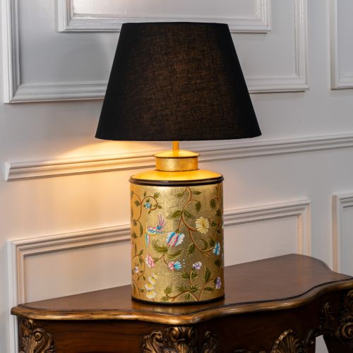 Oriental Orchard Gold Metal Table Lamp with Black Linen Lamp shade Light On White Background