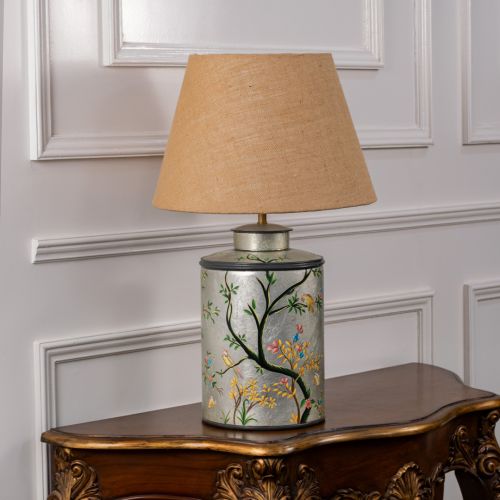 Oriental Orchard Silver Metal Table Lamp with Beige Linen Lamp shade Light Off White Background