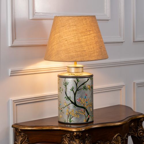 Oriental Orchard Silver Metal Table Lamp with Beige Linen Lamp shade Light On White Background