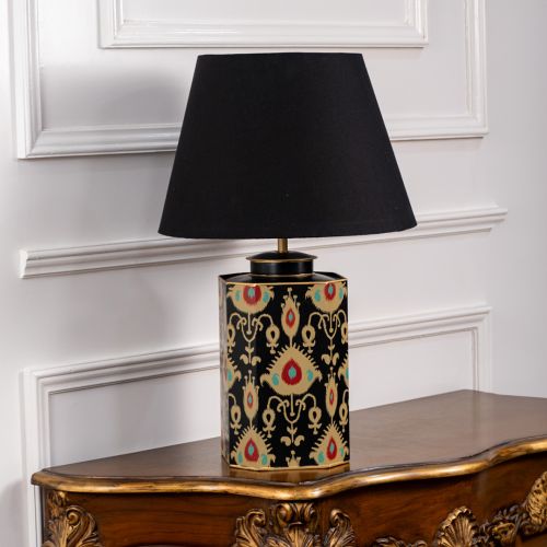 Bahari Ikat Black Metal Table Lamp with Black Linen Lamp shade Light Off White Background