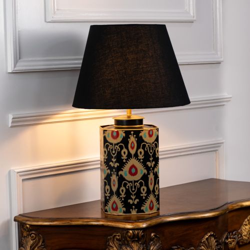 Bahari Ikat Black Metal Table Lamp with Black Linen Lamp shade Light On White Background