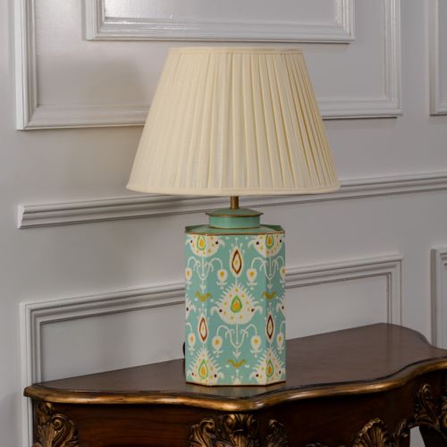 Bahari Ikat Blue Metal Table Lamp with Off White Pleated Lamp shade Light Off White Background