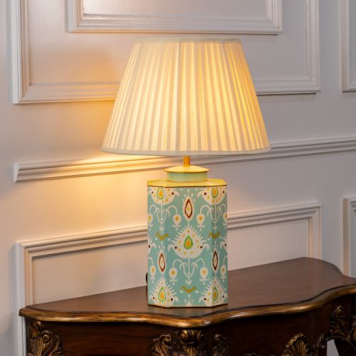 Bahari Ikat Blue Metal Table Lamp with Off White Pleated Lamp shade Light On White Background