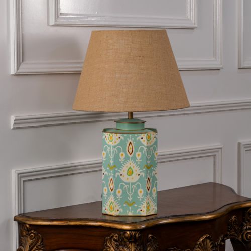 Bahari Ikat Blue Metal Table Lamp with Beige Linen Lamp shade Light Off White Background