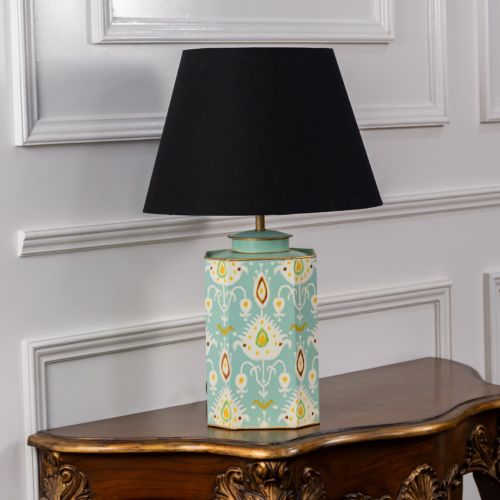 Bahari Ikat Blue Metal Table Lamp with Black Linen Lamp shade Light Off White Background