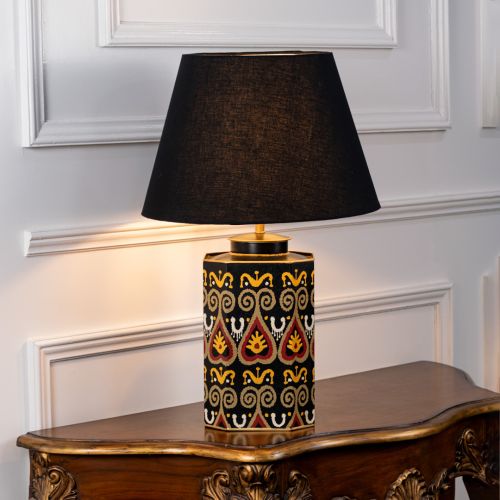 Festoon Damask Metal Table Lamp with Black Linen Lamp shade Light On White Background