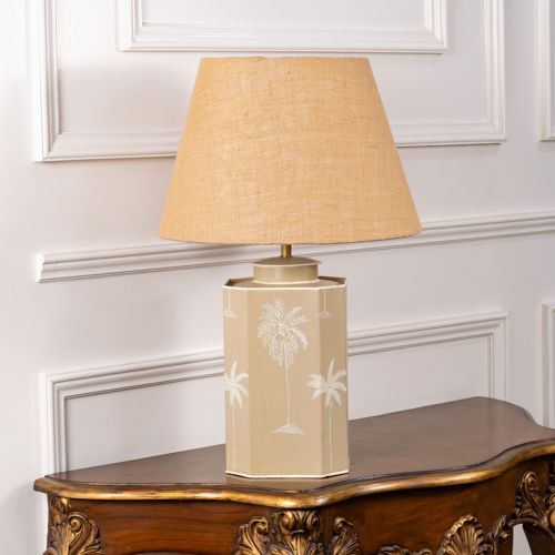 Warli Dandak Beige Metal Table Lamp with Beige Linen Lamp shade Light Off White Background