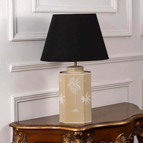 Warli Dandak Beige Metal Table Lamp with Black Linen Lamp shade Light Off White Background