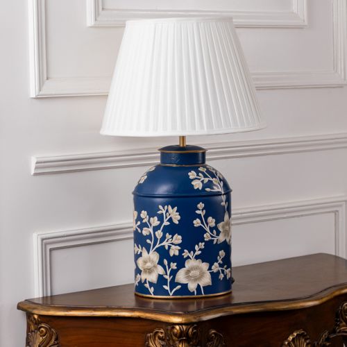 Taraz Paisley Metal Table Lamp with White Pleated Lamp shade Light Off White Background