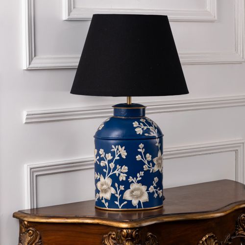 Taraz Paisley Metal Table Lamp with Black Linen Lamp shade Light Off White Background