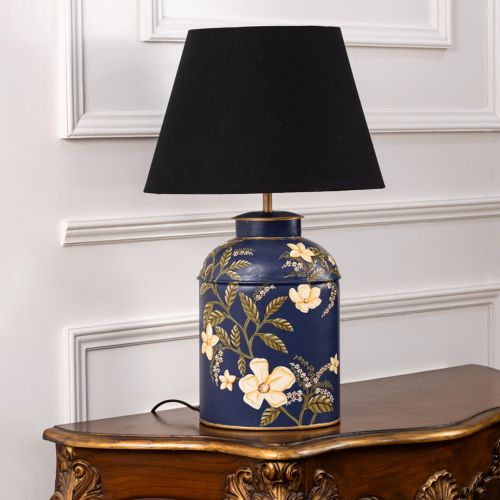 Plumeria Blue Metal Table Lamp with Black Linen Lamp shade Light Off White Background