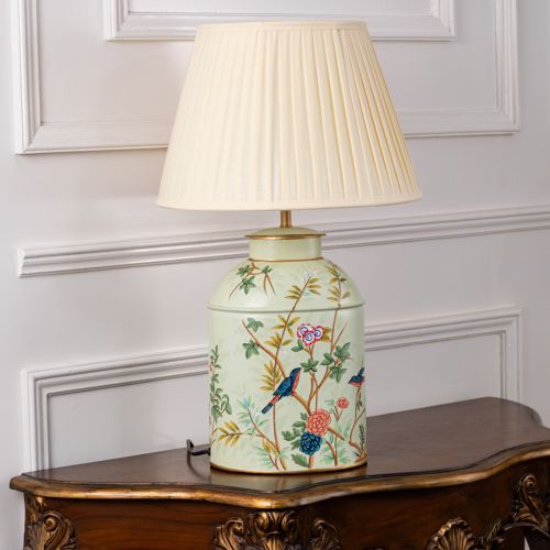 Tropical Garden Green Metal Table Lamp with Off White Pleated Lamp shade Light Off White Background