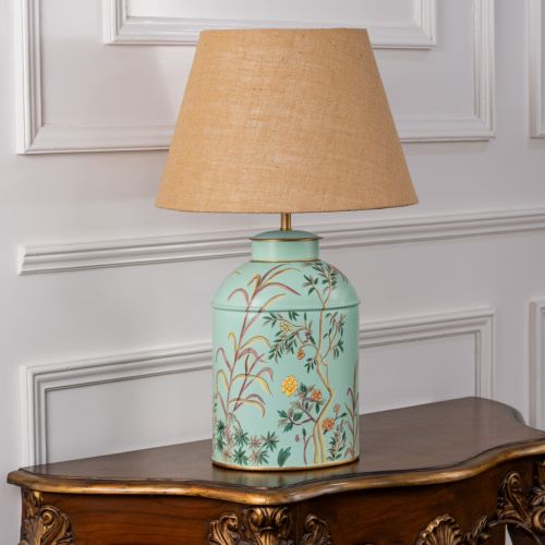 Tropical Garden Sky Blue Metal Table Lamp with Beige Linen Lamp shade Light Off White Background