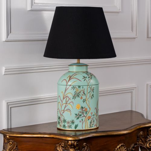 Tropical Garden Sky Blue Metal Table Lamp with Black Linen Lamp shade Light Off White Background