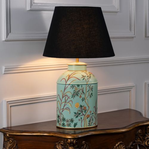 Tropical Garden Sky Blue Metal Table Lamp with Black Linen Lamp shade Light On White Background