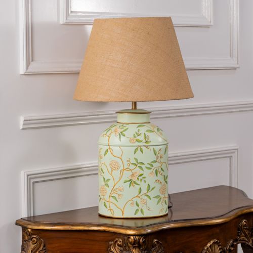 Tropical Garden White Metal Table Lamp with Beige Linen Lamp shade Light Off White Background