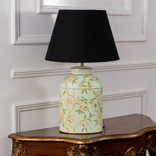 Tropical Garden White Metal Table Lamp with Black Linen Lamp shade Light Off White Background