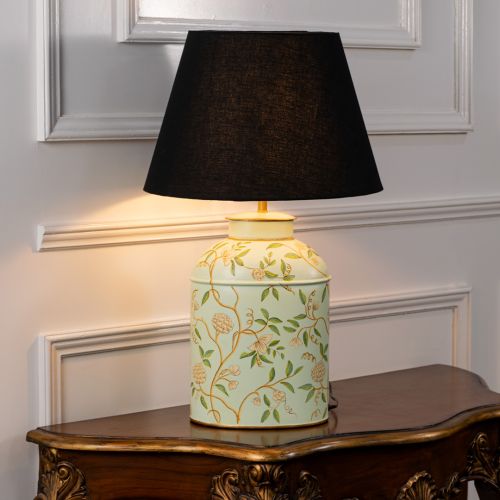 Tropical Garden White Metal Table Lamp with Black Linen Lamp shade Light On White Background