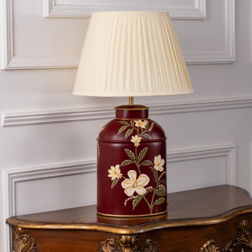 Plumeria Red Metal Table Lamp with Off White Pleated Lamp shade Light Off White Background