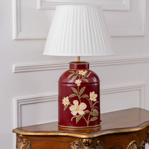 Plumeria Red Metal Table Lamp with White Pleated Lamp shade Light Off White Background