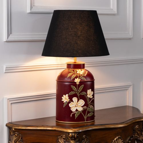 Plumeria Red Metal Table Lamp with Black Linen Lamp shade Light On White Background