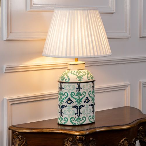 Royal Baroque Metal Table Lamp with White Pleated Lamp shade Light On White Background