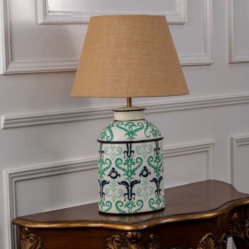 Royal Baroque Metal Table Lamp with Beige Linen Lamp shade Light Off White Background