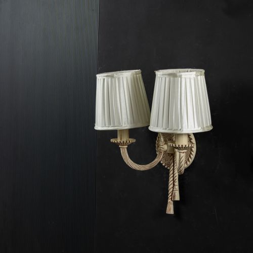 Knotted Cast Aluminium Distressed Creme Antique 2 Light Wall Lamp with Pleated Fabric Shades