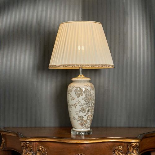 Artistic Chinoiserie Style Ivory Ceramic Table Lamp with Shade