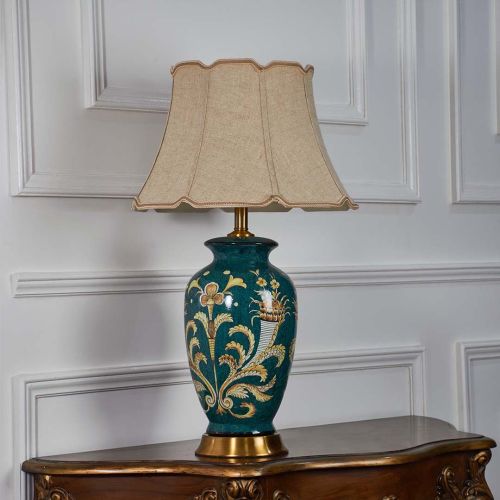 Classic European Style Porcelain Pattern Green Ceramic Table Lamp with Beige Lamp Shade