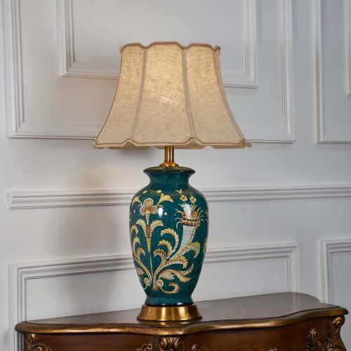 Classic European Style Porcelain Pattern Green Ceramic Table Lamp with Beige Lamp Shade