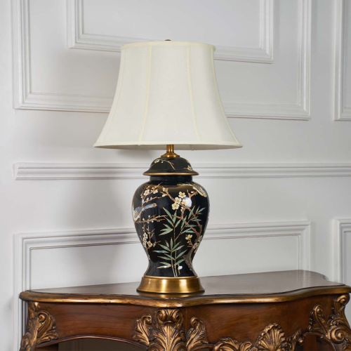 Elegance Glow Chinese Style Ceramic Table Lamp with White Shade - Black