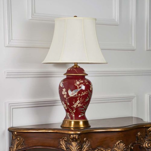 Elegance Glow Chinese Style Ceramic Table Lamp with White Shade - Red