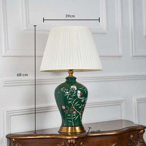 European Style Painted Flower and Bird Green Ceramic Table Lamp with White Shade Dimensions