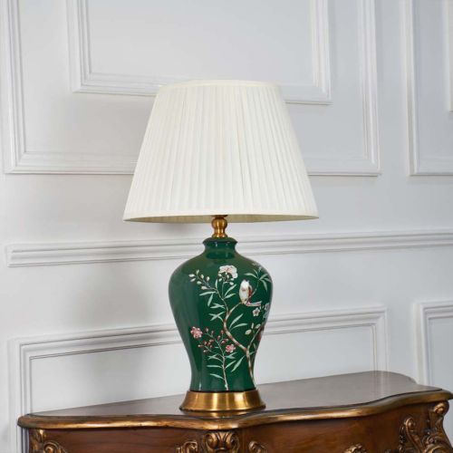 European Style Painted Flower and Bird Green Ceramic Table Lamp with White Shade