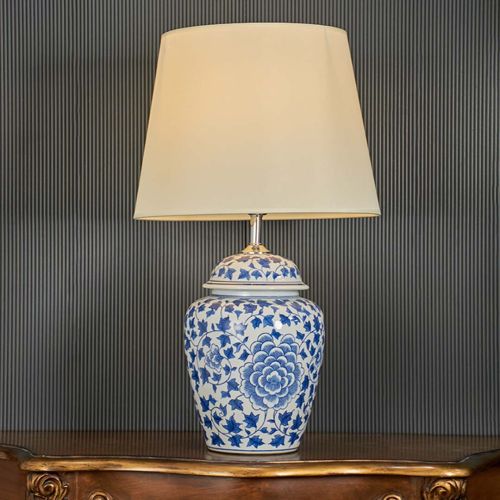 Floral Motif Chinese Porcelain Jar Style Blue Ceramic Table Lamp with White Shade
