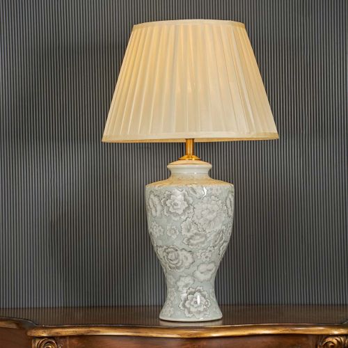 Florish Flower Pattern Grey Ceramic Table Lamp with Cream Shade