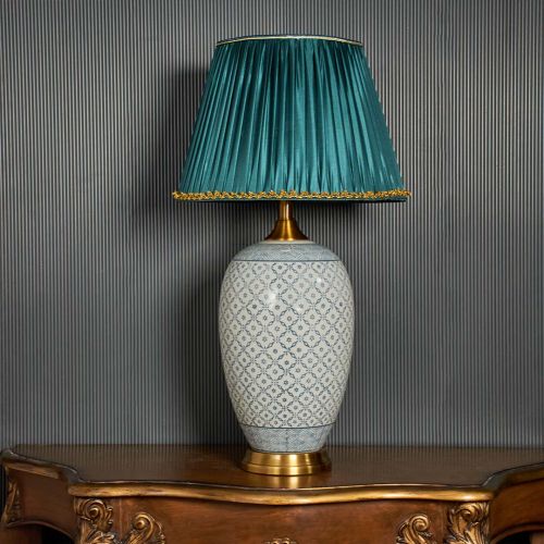 Grey Porcelain Pattern Ceramic Table Lamp with Green Shade