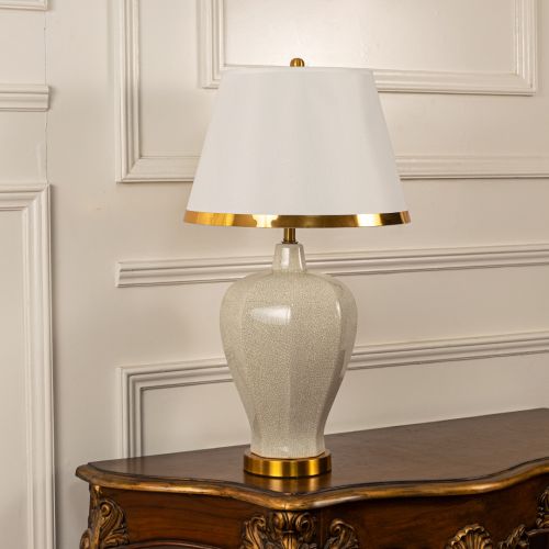 Jacoby Ceramic Table Lamp with White Shade Light Off White Background