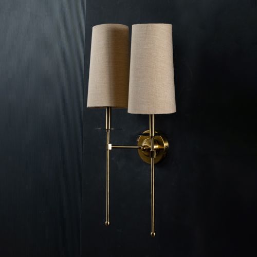 LongArm Style Double Wall Light In Gold Beige Shades