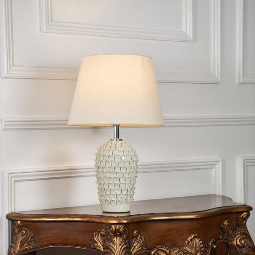 Sable Shine White Ceramic Flakes Table Lamp with Ivory Shade