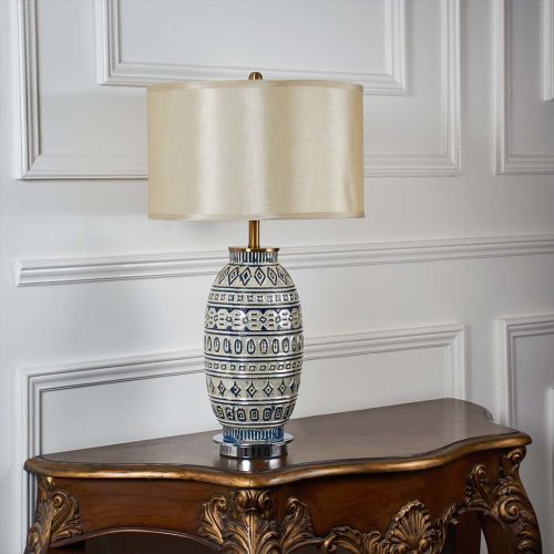 Verina Porcelain Pattern Blue & Ivory Ceramic Table Lamp with Ivory Shade