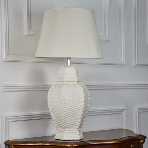 Wicker Style Temple Jar White Ceramic Table Lamp with White Shade
