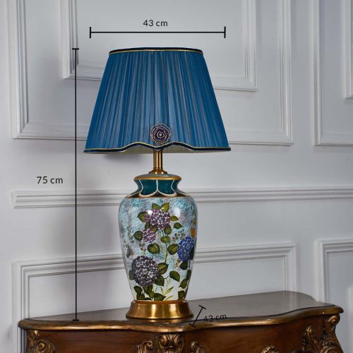 Zest Floral Pattern Multicolor Ceramic Table Lamp with Blue Shade Dimensions